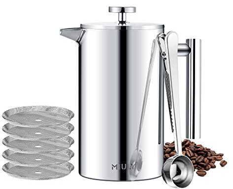 MaxMiuly Kaffeebereiter 1 Liter French Press, Doppelwandig Edelstahl Kaffeepresse mit 5 Filtersieb, Löffel, Untersetzer, Schwammbürste, 1000ml Isolierte Kaffeekanne Thermo 5 Tassen, Silber