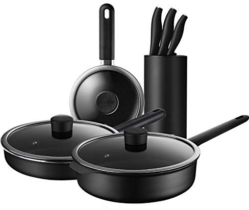 Batterie De Cuisine Antiadhésive Avec Ensemble De Couteaux, Ensemble De Casseroles Et Casseroles De Cuisine Avec Conduction De Flux Magnétique À Trois Couches Pour Un Chauffage Uniforme,A