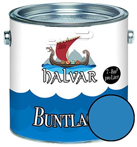 Halvar Buntlack für Holz & Metall SEIDENMATT Blau RAL 5000-5024 Holzfarbe Holzlack Innen & Außen robuster Kunstharzlack Wetterbeständig & perfekter Langzeitschutz (1 L, RAL 5012 Lichtblau)