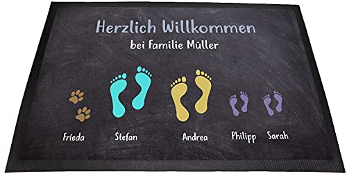 Fußmatte personalisiert Familie & Haustiere – individuelle Eingangsmatte 60x40 cm mit Namen, Pfoten & Motiven – personalisierte Familien-Fußmatte für Haustür, Hundebesitzer & Geschenkidee