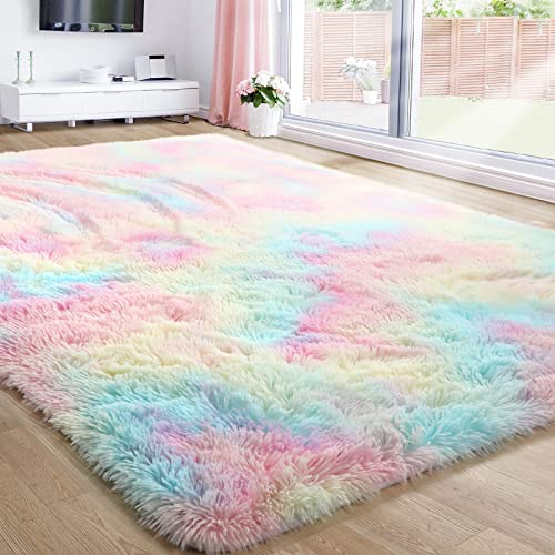 Tapis Moelleux Arc-en-Ciel pour Chambre de Fille, 12,2 x 182,3 cm, Motif Licorne, Tapis Pastel à Poils Longs pour Enfants, Tapis de Jeu Doux pour bébés, Salon, Tapis de Jeu en Peluche pour Salle de