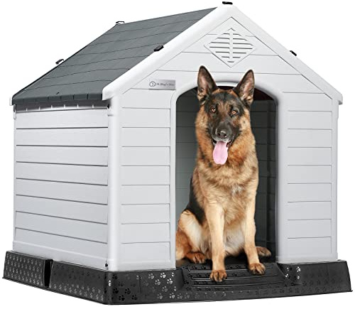 LEMBERI Durable Waterproof Plastic Dog House for Small to Large Sized Dogs, Indoor Outdoor Doghouse Puppy Shelter with Elevated Floor, Easy to Assemble (Gray, 42 L x 38 W x 39 H)