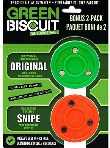 Green Biscuit Hockey Puck 2-Pack, Original, Off Ice Hockey Puck/Snipe, Shooting Street Hockey Puck