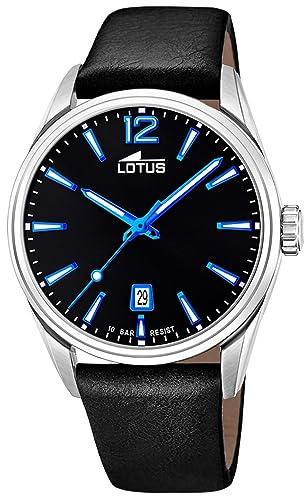 LOTUS Reloj Hombre Analógico de Acero Inoxidable y Cuero Negro | Movimiento de Cuarzo, Calendario, Cristal Mineral de Alta Resistencia, Resistente al Agua 10 ATM Clásico 18693/6 Minimalist