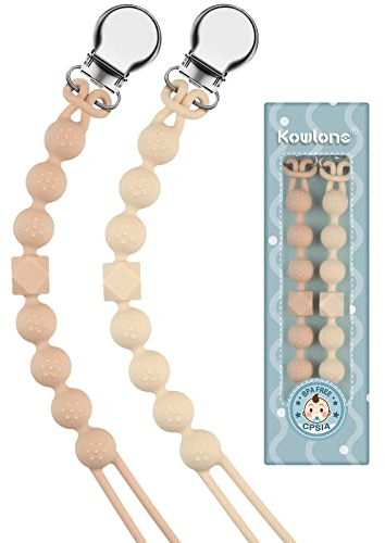 Kowlone Attache Sucette Silicone Soothie Tétine Clips Porte Accroche Chaîne pour Garçons et Filles Douche de Bébé 2pcs(Beige,Avoine)
