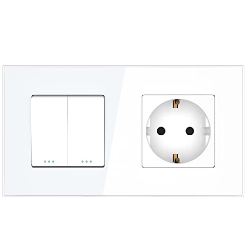 PULSAR Wechselschalter x2/Steckdose mit Kindersicherung Glas Weiß 2-Fach | Steckdose mit Wechselschalter 2-Fach Glas Weiß - Lichtschalter Doppelt Unterputz mit Schutzkontakt-Steckdose 16A 250V