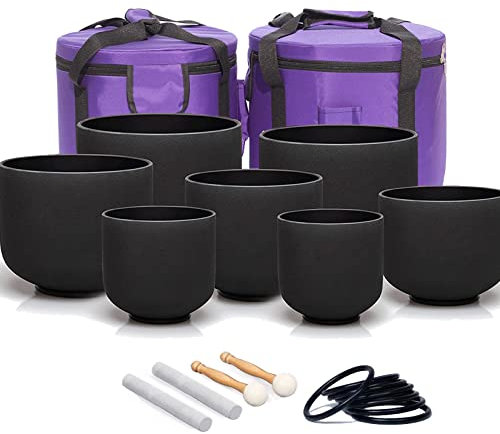 GREALY Chakra Tuned 6-12 Pulgadas Juego de 7 Cuencos cantores de Cristal de Cuarzo Negro con Estuches de Transporte Resistentes y mazos de Cuencos cantores (Color : 440 hz)