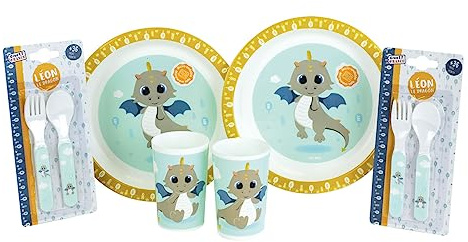 LEON LE DRAGON LOT VAISSELLE POUR ENFANT AVEC 2 VERRE 220 ML, 2 SET DE COUVERTS H.13.5 CM ET 2 ASSIETTES Ø 22 CM