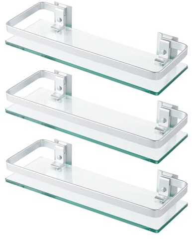 KES Duschablage Glas Duschregal Glasregal Badezimmer Glasablage Dusche Wandregal 8MM Hartglas Aluminium Silber 3 Stücke, A4126A-P3