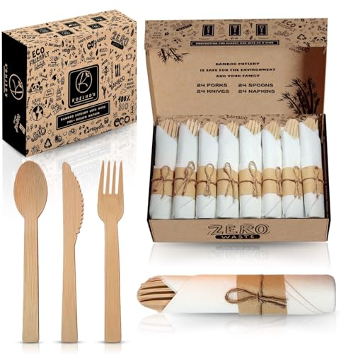 flysclean Prerolled Napkin Cutlery Set -Bamboo Knife, Bamboo Forks and Spoons 24 Each - Reusable Bamboo Utensils Set - Bamboo Cutlery Set - Bamboo Serving Utensils for Party/Wedding/picnic