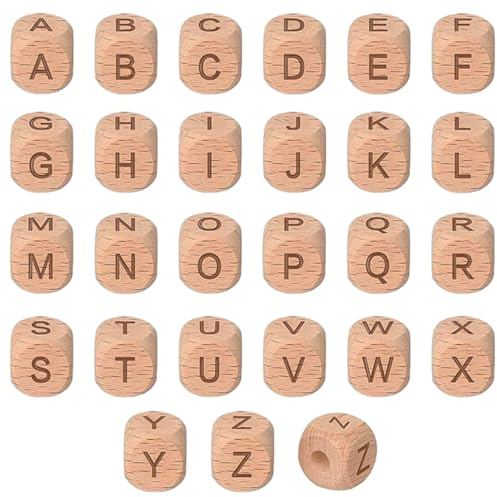 Wisebom Buchstabenperlen 78 Stück Holzbuchstaben Perlen Holzperlen Buchstaben 12mm A-Z Buchstaben Buchstabenwürfel Holz für Armbänder, Halsketten, Schlüsselanhänger, DIY Schmuck Basteln