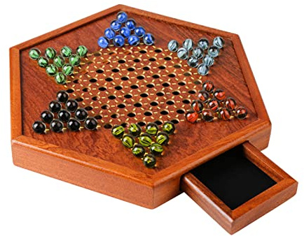 Dames Chinoises en Bois Naturel De 12,5 Po, Dames Chinoises De Haute Qualité - Jeu De Société Brain Storm - avec Tiroir De Rangement Et Billes De Verre - Jeux De Société De Dames, 32×28cm/34×30cm