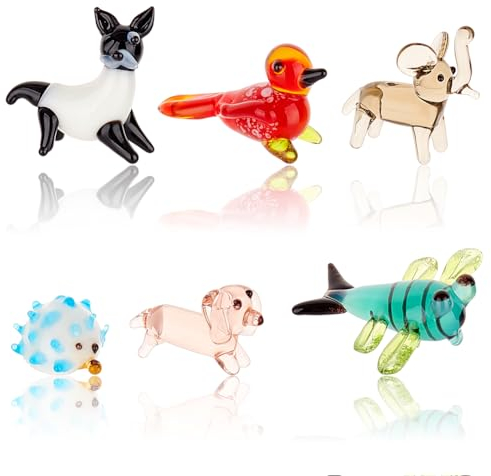 AHANDMAKER 6 figure di animali, 6 stili di animali in vetro, per la decorazione della tavola, libellula uccello riccio, cane, elefante, palma, zibet, display in miniatura, per anniversario di