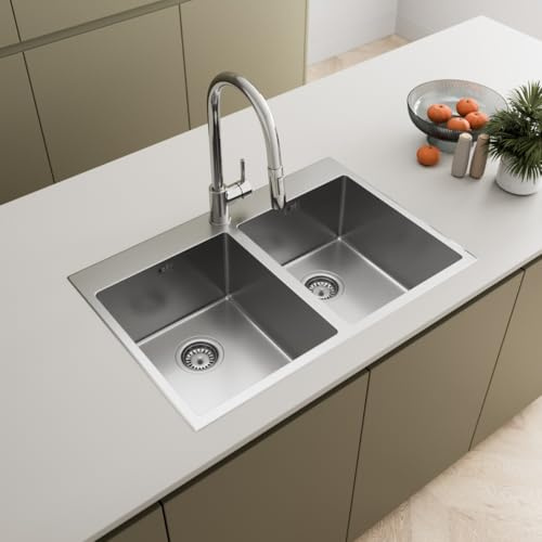 Lussena® 755 x 510mm Stainless Steel Kitchen Sink 2.0 Double Bowl Sinks Inset Drop in Installation, Free Basket Strainer Waste