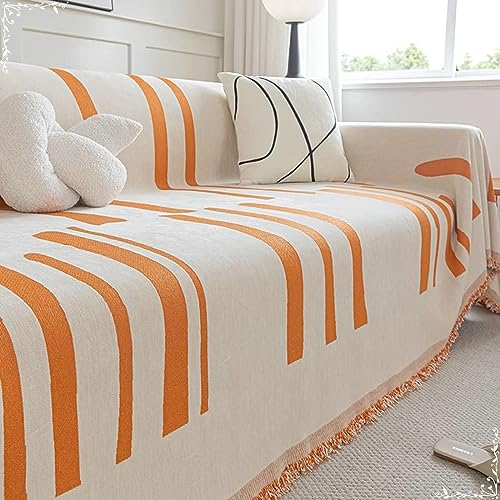 Bishilin Couchbezug Nordisch Katzenschutz, Sofabezug Ecksofa 4 Sitzer Orange Gestreift mit Quasten 180x420CM Couch Überwurf Sofaüberwurf Chenille