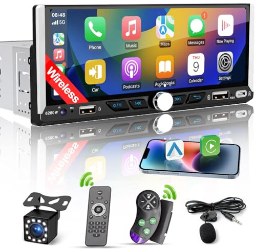 Single Din Car Radio Compatible with Wireless Apple CarPlay, Car Stereo with 6.9'' IPS Touchscreen,Bluetooth,FM AM Radio,GPS Navigation,Type-C/Dual USB 2.1A Fast Charge/Rear View Camera,MP5