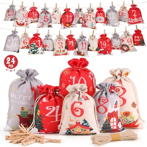 DazSpirit Calendrier de l'Avent à Remplir,Ensemble de 24 Sachets en Tissu avec Pinces en Bois Et Corde de Jute,Calendrier de l'Avent DIY pour Enfants Et Adultes,Sac de Décoration de Noël pour Cadeaux