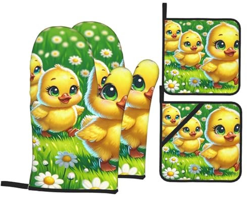 4 Pezzi Presine Da Cucina Set Yellow Small Duck Daisies Guanti Da Forno Resistente Al Calore Guanti Da Cucina Divertenti Guanti Per Grigliare Per Cucinando, Cucina, Cuocere