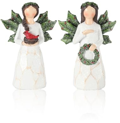 GoGnome Set of 2 Sparkling Christmas Angel Figurines with Glitter Wings and Festive Accents - 5.1'' Ornaments Perfect for Holiday Decor Christmas Decorations (Xmas Angels)