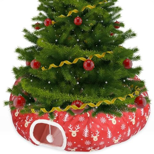 Yeyeplum Katzentunnel, Bettspielzeug, Katzentunnel für Innenkatzen, S-Form, Röhrentunnel mit Ball unter dem Weihnachtsbaum, Katzenhöhle, Katzenspielzeug, Weihnachtsmann, Elch, Muster,