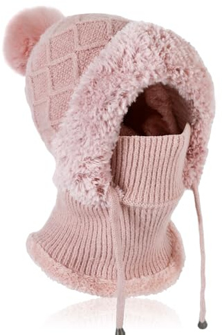 TAGVO Varm vintermössa med halsvärmare för kvinnor, slokande justerbar stickad mössa hatt med hårboll, vinter ullhatt med varmt fleecefoder, vindtät balaklava mössa för kvinnor, Rosa, one size