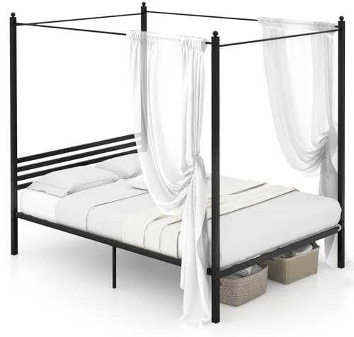 GIANTEX Cadre de Lit à Baldaquin 140 x 200 cm, Lit Double Sommier à Lattes, Toit en Métal, Lit Plateforme Barre Silencieuse, Rangement sous Le Lit, Charge 300 KG