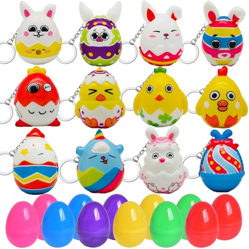 12PCS Filled Easter Eggs with Animal Squeeze Toys，Easter Eggs Hunt Kit, Cute Small Stuffed Basket Animal Keychain Set,Prefilled Easter Eggs for Kids Party Favours Classroom Prizes
