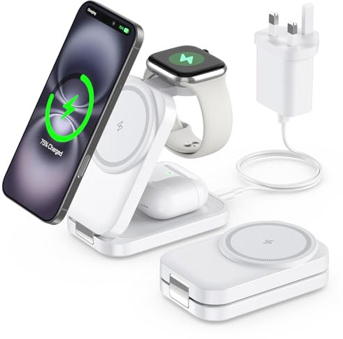 3 in 1 Wireless Charging Station for Apple,Foldable Magnetic Wireless Charger,15W Fast for MagSafe Charger Stand for iPhone 17/16/15/14/13,for Apple Watch,for AirPods