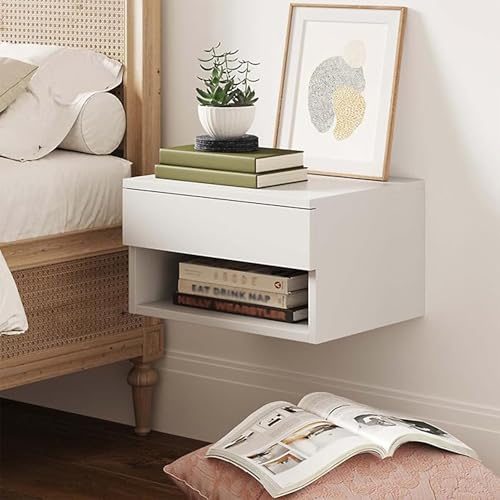 Generico Set di comodini galleggianti a parete di 2, moderno tavolino laterale a parete -muro, tavolo da comodino galleggiante con deposito mobile, per soggiorno, camera da letto, dormitorio in legno