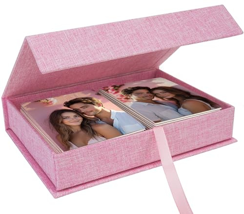 Hiwhy Fotos Caja de Almacenamiento 20x25 cm, Caja Organizadora en Lino, Recuerdos para Guardar Fotos, Imágenes, Certificados, Accesorios para Álbum de Recortes, Recuerdos y Joyas Rosa