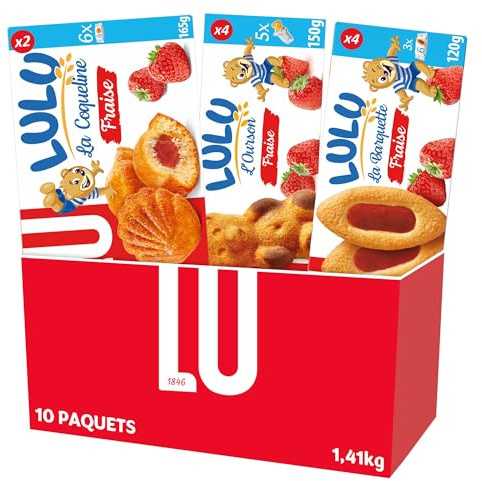 LU - La Boîte Fruité Lulu Assortiment de 10 Paquets de Biscuits Gâteaux - 2 x Lulu La Coqueline Fraise - 4 x Lulu L'Ourson Fraise - 4 x Lulu La Barquette Pulpe De Fraise - Lot de 1,41kg