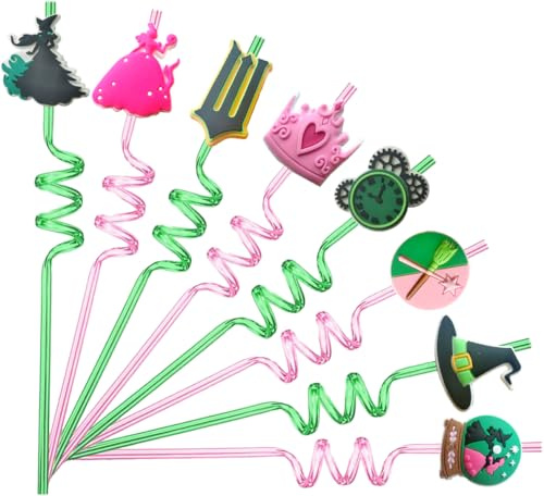 Junyaoii 16 cannucce riutilizzabili in plastica a tema strega, strega verde e principessa rosa, cappello da mago, corona, palla magica, forma di farfalla, per feste a tema, decorazioni per feste di