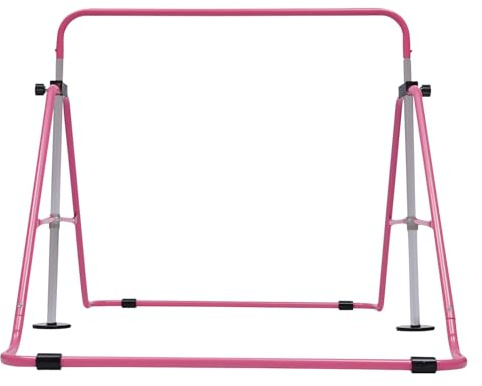 WINPANG Faltbare Turnstange Kinder Gymnastikstange, mit Schaukelanschluss, Höhenverstellbar 85-130cm, Stahl Rosa für drinnen und draußen, Fitnessgerät ab 3 Jahre​