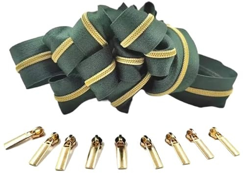 SHENJMAI Reißverschluss 5 Meter goldene Silberne Zahnreißverschlussrollen mit 10 Stück Reißverschlussschiebern for maßgeschneiderte Nähzubehör(Olive Green)