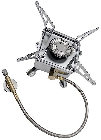WOONEKY Réchaud à Gaz de Camping Portable Brûleur Unique, Tuyau Détachable, Mini-cuisinière Compacte en Acier, Usage Extérieur pour Pique-niques et Randonnée