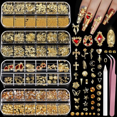 Charms et strass dorés 3D pour ongles, set de 4 boîtes avec perles et gemmes, pour nail art femmes et filles.