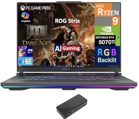 ASUS ROG Strix AI Gaming Laptop 16.0 165Hz IPS WUXGA Display (AMD Ryzen 9 8940HX, GeForce RTX 5070 Ti 12GB, 32GB DDR5, 8TB PCIe SSD, RGB KB, WiFi 6E, Webcam, Win 11 Home) w/USB-C Dock