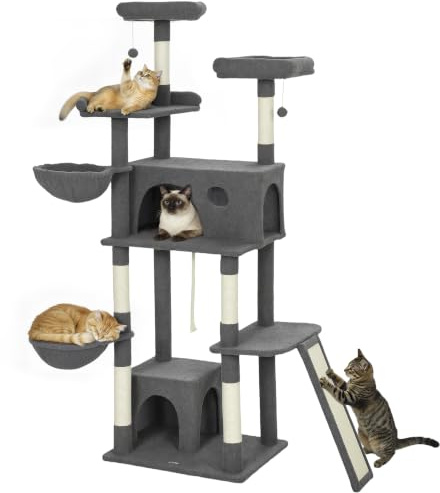PawHut Arbre à Chat avec Griffoir 174 cm Tissu Peluche Type Teddy Gris | Tour de Jeux pour Chat, 3 Lits, 2 Niches, Plateformes, 3 Jouets Suspendus, Plusieurs Niveaux