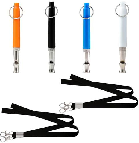 DqiUnaX Hundepfeife, 4 Stück mit 4 Schlüsselanhängern, Hochfrequenz Hundepfeife Rückruf, Leise Hundepfeife für Training, Schwarz, Weiß, Blau, Orange