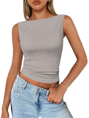 DUOEASE Canotta Donna Estiva Scollo A Barca Basic Canotta Donna Senza Maniche Slim Fit Tank Top Elegante Sexy Crop Top(Grigio caffè,S