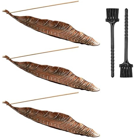 Stalora 3 Bronze Blatt Räucherstäbchenhalter + 2 Reinigungsbürsten, Räucherstäbchenhalter Set, Aschefänger für Meditation, Yoga, Zuhause, Geschenk - Dekorativ & Praktisch