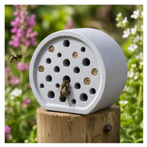 Bienenhotel aus wetterfestem Beton für den Garten, kompaktes Bienenhotel und Insektenhotel als Nesthilfe für Freimaurerbienen (Weiß-B)