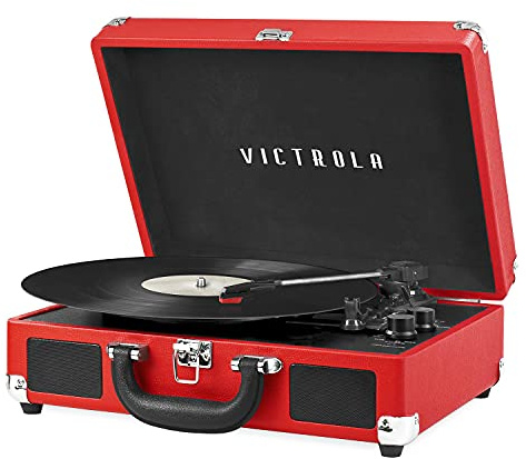 Victrola Journey Bluetooth Portable Suitcase Record Player – with Built-in Speakers, 3 Speed Vinyl Record Player, RCA Out, Headphone Jack (Red)