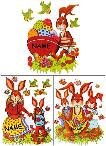alles-meine.de GmbH 3 versch. Bögen Fensterbilder - Osterhase & Ostereier - Nostalgie - incl. Name - statisch haftend - selbstklebend + wiederverwendbar/Ostern & Frühling..