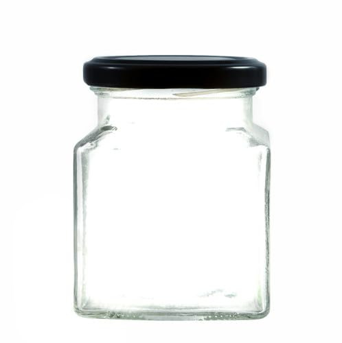 Wares of Knutsford Square Clear Glass Jam Jars 282ml Black Lid Pack 12 Marmalade Honey Home Preserving