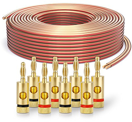 PureLink SP060-030 Câble d'enceinte 2x2,5mm² (99,9% OFC cuivre massif 0,20 mm) Câble de haut-parleur Hifi, 30m, transparent, Set comprenant 8 fiches bananes