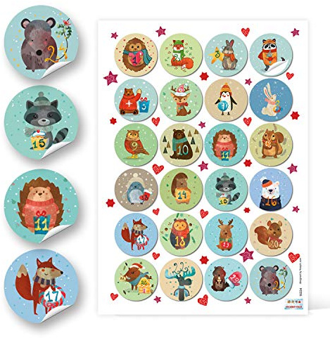 Klebezahlen Adventskalender, Zahlen Kalender 1 bis 24, Sticker Tiere, Premium Zahlensticker, Aufkleber Weihnachten, Zahlenaufkleber Kinder, Adventskalenderzahlen selbstklebend Ø 4 cm