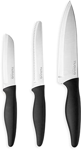 nuovva Sharp Kitchen Knife Set – 3pcs Black Kitchen Knives – Stainless Steel Non Stick Blades – Includes Chefs Knife, Tomato Knife and Paring Knife