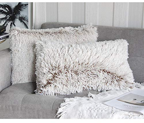 Uhomy 2 packs Fluffy Plush Pillow Covers 12x20, Full Winter Home Decorative Super Fuzzy Artificial Fur Throw Pillow Case Cushion Cover for Sofa Bed Living Room Brown Ombre 30x50 cm Two Sides Fur