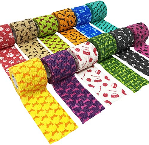 KNINE Selbsthaftende Kohäsive Bandagen für Hunde, Bandage für Haustiere, Kohäsive Mullrollen 5 cm x 4,5 m, 12 Stück